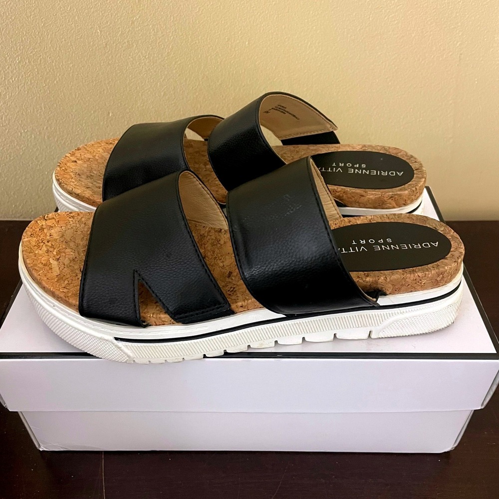 Adrienne Vittadini Sport AV-DEAN Black Platform Slide Sandals Cork Footbed‎ 8M